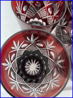 Set of 12 Bohemian Crystal Ruby Red Cut to Clear Tumblers Glasses 4 Tall