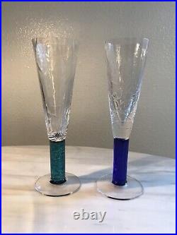 Set of 2 Artisan Signed Union Street Tortuga Crystal Champagne Flutes Glasses