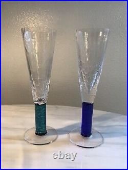 Set of 2 Artisan Signed Union Street Tortuga Crystal Champagne Flutes Glasses