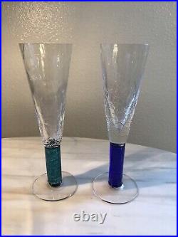 Set of 2 Artisan Signed Union Street Tortuga Crystal Champagne Flutes Glasses