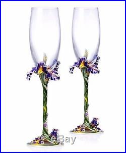 Set of 2 Enameled and Swarovski Jeweled Bohemia Crystal Champagne Flute Glasses