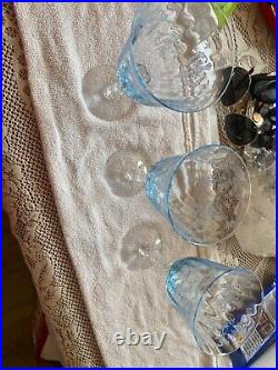 Set of 3 Fostoria Navarre Blue Crystal Water Goblet 7 5/8 Wine Glasses Etched
