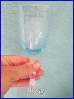 Set of 3 Fostoria Navarre Blue Crystal Wine Glasses 6 1/2 Etched Claret