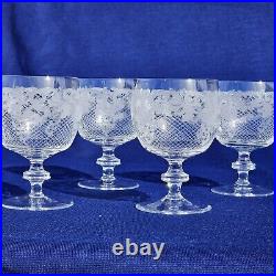Set of 4 Antique Elegant Etched Crystal Wine Glasses