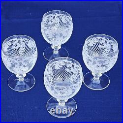 Set of 4 Antique Elegant Etched Crystal Wine Glasses