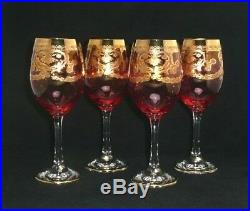 Set of 4 Crystal Cranberry Pink Luster Gold Encrusted Wine 7.5 Stemware Glasses