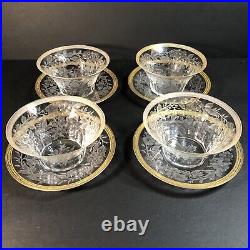 Set of 4 Finger Bowls & Under Plates, Thin Blown Crystal, Cut, Polished, Gilted