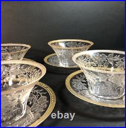 Set of 4 Finger Bowls & Under Plates, Thin Blown Crystal, Cut, Polished, Gilted