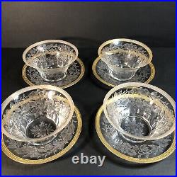 Set of 4 Finger Bowls & Under Plates, Thin Blown Crystal, Cut, Polished, Gilted