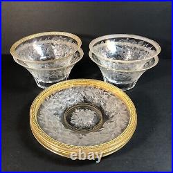 Set of 4 Finger Bowls & Under Plates, Thin Blown Crystal, Cut, Polished, Gilted