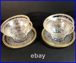 Set of 4 Finger Bowls & Under Plates, Thin Blown Crystal, Cut, Polished, Gilted