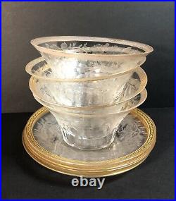 Set of 4 Finger Bowls & Under Plates, Thin Blown Crystal, Cut, Polished, Gilted