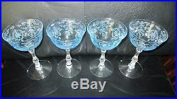 Set of 4 Fostoria Navarre Blue Crystal Champagne Sherbet Glasses 5 1/2 Etched