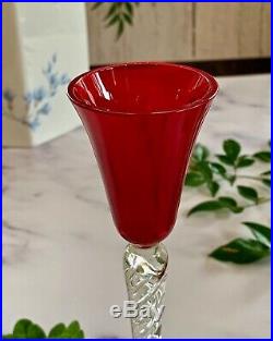 Set of 4 Tall Stuart Crystal Cordials with Vivid Red Bowls and Air Twist Stems