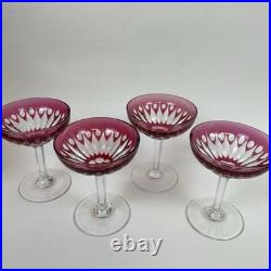 Set of 4 Vintage Val St. Lambert Cranberry Cut Crystal 5 Champagne Glasses