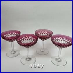 Set of 4 Vintage Val St. Lambert Cranberry Cut Crystal 5 Champagne Glasses
