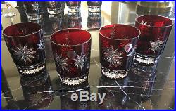 Set of 4 Waterford Snowflake Snow Crystals Ruby Red Double Old Fashioned Glasses