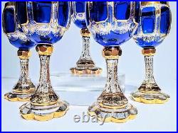 Set of 5 Moser Cobalt Cabochons Blue & Gold Crystal Wine Goblets