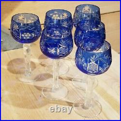 Set of 6 Bohemian Czech Cordial Glasses Cobalt Blue Crystal Etched Swanky Barn