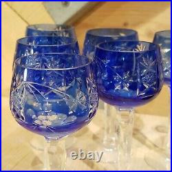 Set of 6 Bohemian Czech Cordial Glasses Cobalt Blue Crystal Etched Swanky Barn