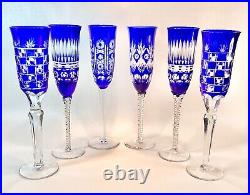 Set of 6 Cobalt Blue Bohemian Cut To Clear Glass Champagne Flutes