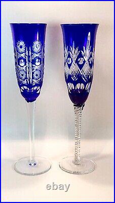 Set of 6 Cobalt Blue Bohemian Cut To Clear Glass Champagne Flutes