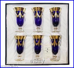 Set of 6 Cobalt Blue Crystal Champagne Glasses, 24K Gold Plated, Vintage Italy