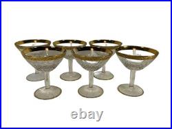 Set of 6 Cut Crystal Champagne Coupe Glasses Gold Etched Rim Rare