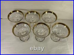 Set of 6 Cut Crystal Champagne Coupe Glasses Gold Etched Rim Rare