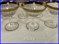 Set of 6 Cut Crystal Champagne Coupe Glasses Gold Etched Rim Rare