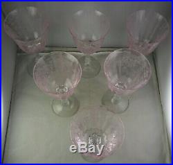 Set of 6 Fostoria Pink Navarre Water Goblets Stem #6016 Etch #327 Pink Bowl Mint