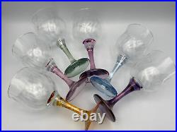 Set of 6 Italian Crystal Multicolored Wine Glasses, Cristal Style Of Fumo