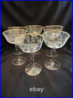 Set of 6 MCM Crystal etched and Gold Rimmed Top and Bottom Champagne Glasses