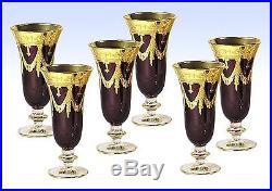 Set of 6 Maroon Red Italian Crystal Champagne Flutes 24K Gold, Interglass