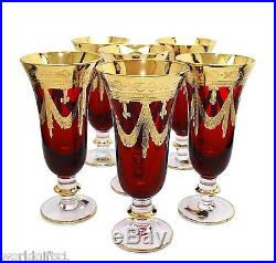Set of 6 Maroon Red Italian Crystal Champagne Flutes 24K Gold, Interglass