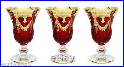 Set of 6 Red Crystal Wine Glasses, 24K Gold Hand Decorated, Vintage Italy, 10 oz