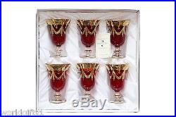 Set of 6 Red Crystal Wine Glasses, 24K Gold Hand Decorated, Vintage Italy, 10 oz