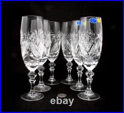 Set of 6 Russian Cut Crystal Champagne Flutes 7 oz Soviet USSR Stemmed Glasses