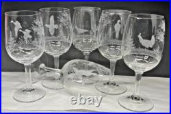 Set of 6 Wildlife Etched Glass Crystal Wine Glasses 12oz Pedestal Stem Vintage Set of 6 Wildlife Etched Glass Crystal Wine Glasses 12oz Pedestal Stem Vintage