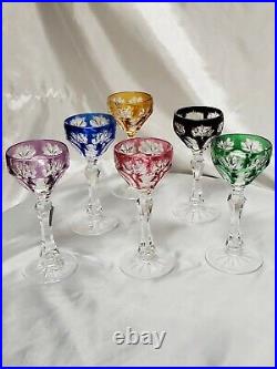 Set of 6 vtg Bohemian or Moser (not sure). Colored Cordials. Almost 5 tall