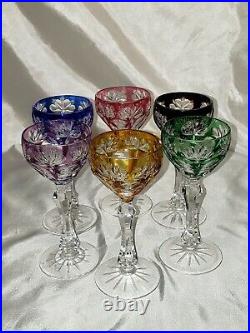 Set of 6 vtg Bohemian or Moser (not sure). Colored Cordials. Almost 5 tall