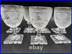 Set of 7 Antique Bohemian Cut Glass STAG Wine Glasses 4 1/8 Tall