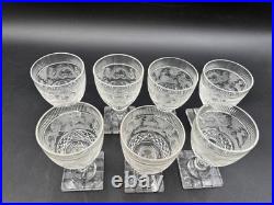 Set of 7 Antique Bohemian Cut Glass STAG Wine Glasses 4 1/8 Tall