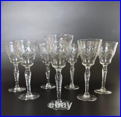 Set of 7 Antique Libbey Rock Sharpe Halifax Etched Crystal Wine Glasses 5.75