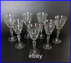 Set of 7 Antique Libbey Rock Sharpe Halifax Etched Crystal Wine Glasses 5.75