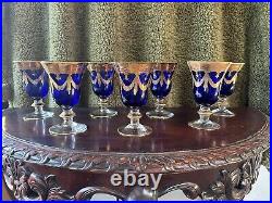 Set of 7 Cristallerie Italiane Cobalt/Gold Goblets