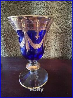 Set of 7 Cristallerie Italiane Cobalt/Gold Goblets