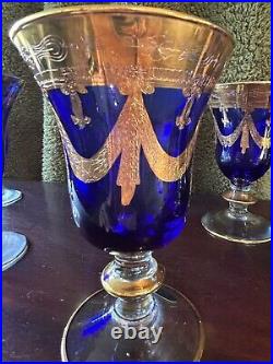 Set of 7 Cristallerie Italiane Cobalt/Gold Goblets