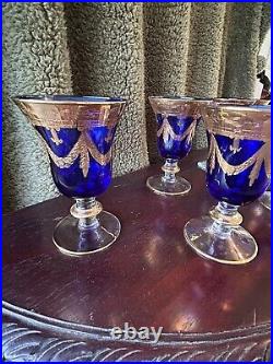 Set of 7 Cristallerie Italiane Cobalt/Gold Goblets