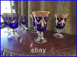 Set of 7 Cristallerie Italiane Cobalt/Gold Goblets